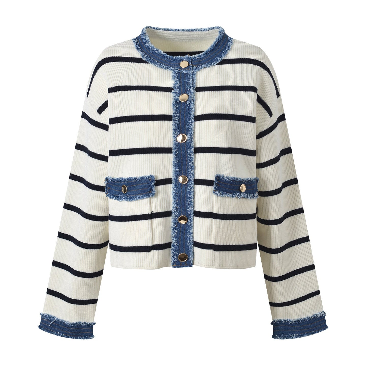 Retro Striped Ribbed Layering Piece with Denim Accents - Multicolored