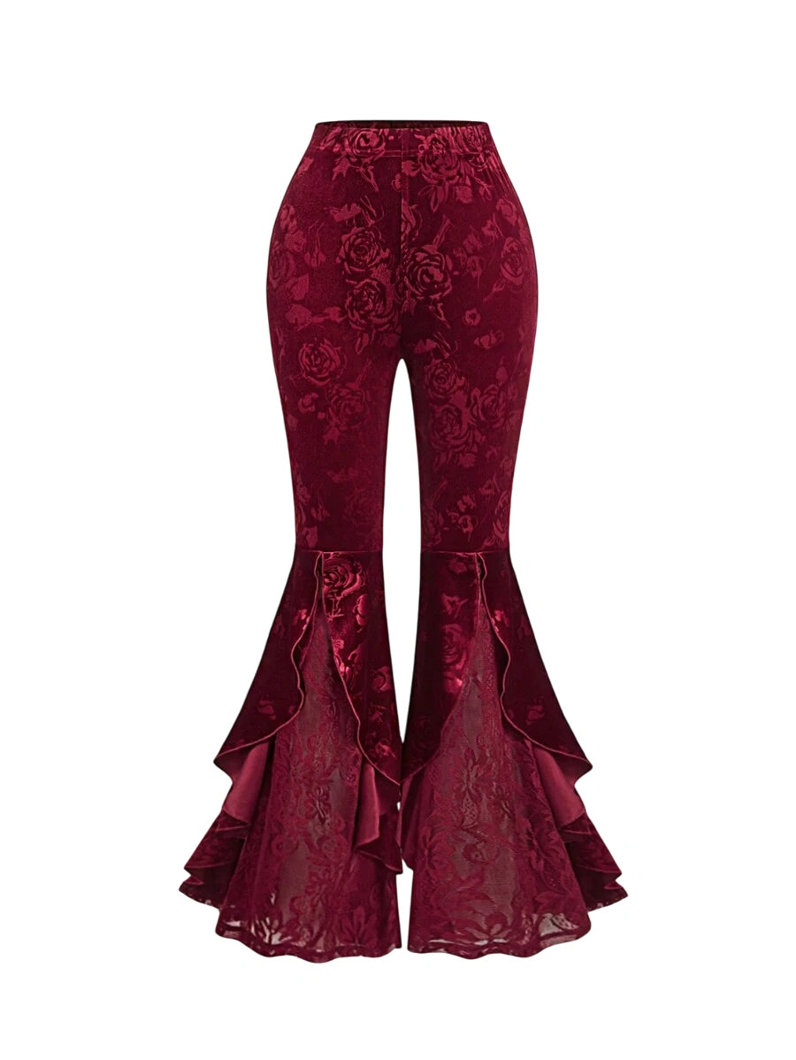 Retro Vintage Palace Lace Trim Women Wide Leg Pants New Years Outfit Western Women Outfits Red