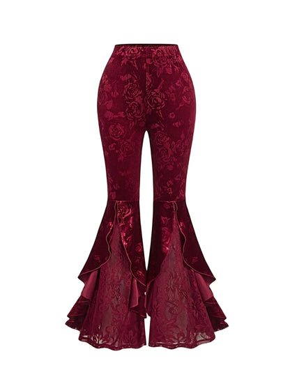 Retro Vintage Palace Lace Trim Women Wide Leg Pants New Years Outfit Western Women Outfits Red