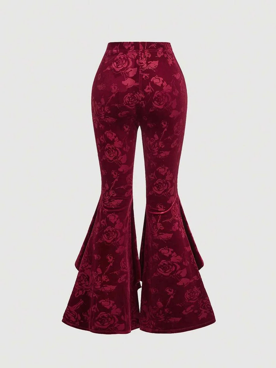 Retro Vintage Palace Lace Trim Women Wide Leg Pants New Years Outfit Western Women Outfits Red