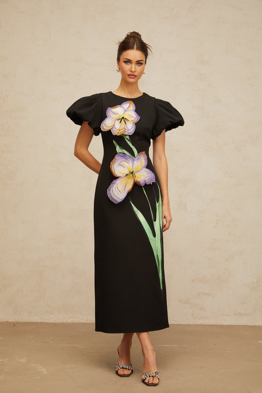 Rhea Black Floral Sequin Embroidered Midi Dress with Puff Sleeves
