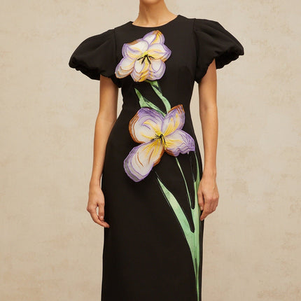 Rhea Black Floral Sequin Embroidered Midi Dress with Puff Sleeves