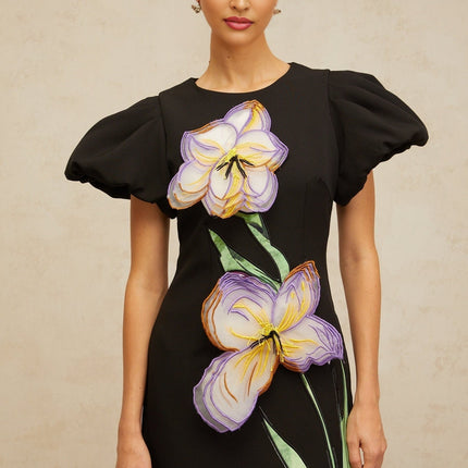 Rhea Black Floral Sequin Embroidered Midi Dress with Puff Sleeves and Rear Slit