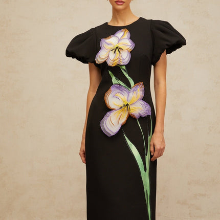 Rhea Black Floral Sequin Embroidered Midi Dress with Short Puff Sleeves