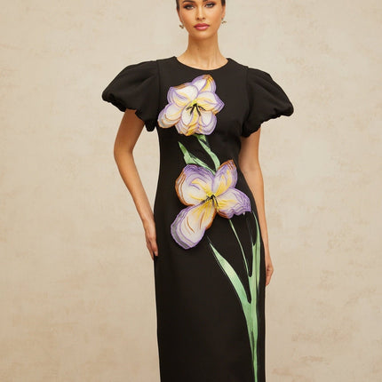 Rhea Black Floral Sequin Embroidered Midi Dress with Puff Sleeves and Rear Slit