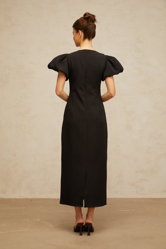 Rhea Black Floral Sequin Embroidered Midi Dress with Puff Sleeves and Rear Slit