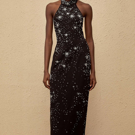 Rhea Black Maxi Dress with Metallic Threading and Crystal Embellishments