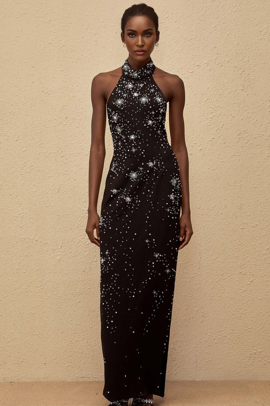 Rhea Black Maxi Dress with Metallic Threading and Crystal Embellishments