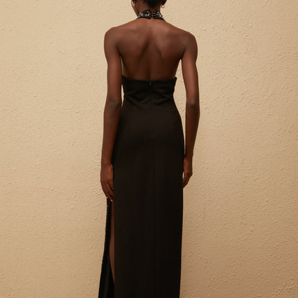 Rhea Black Maxi Dress with Metallic Threading and Crystal Embellishments