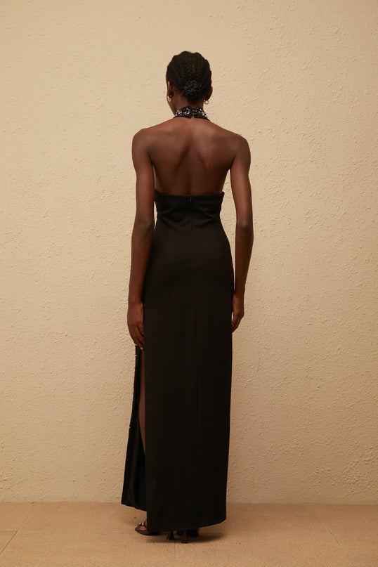 Rhea Black Maxi Dress with Metallic Threading and Crystal Embellishments