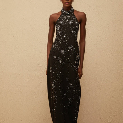 Rhea Black Halterneck Maxi Dress with Metallic Threading and Crystal Embellishments