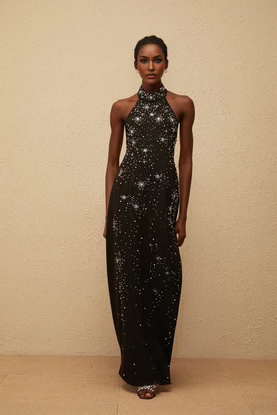 Rhea Black Halterneck Maxi Dress with Metallic Threading and Crystal Embellishments