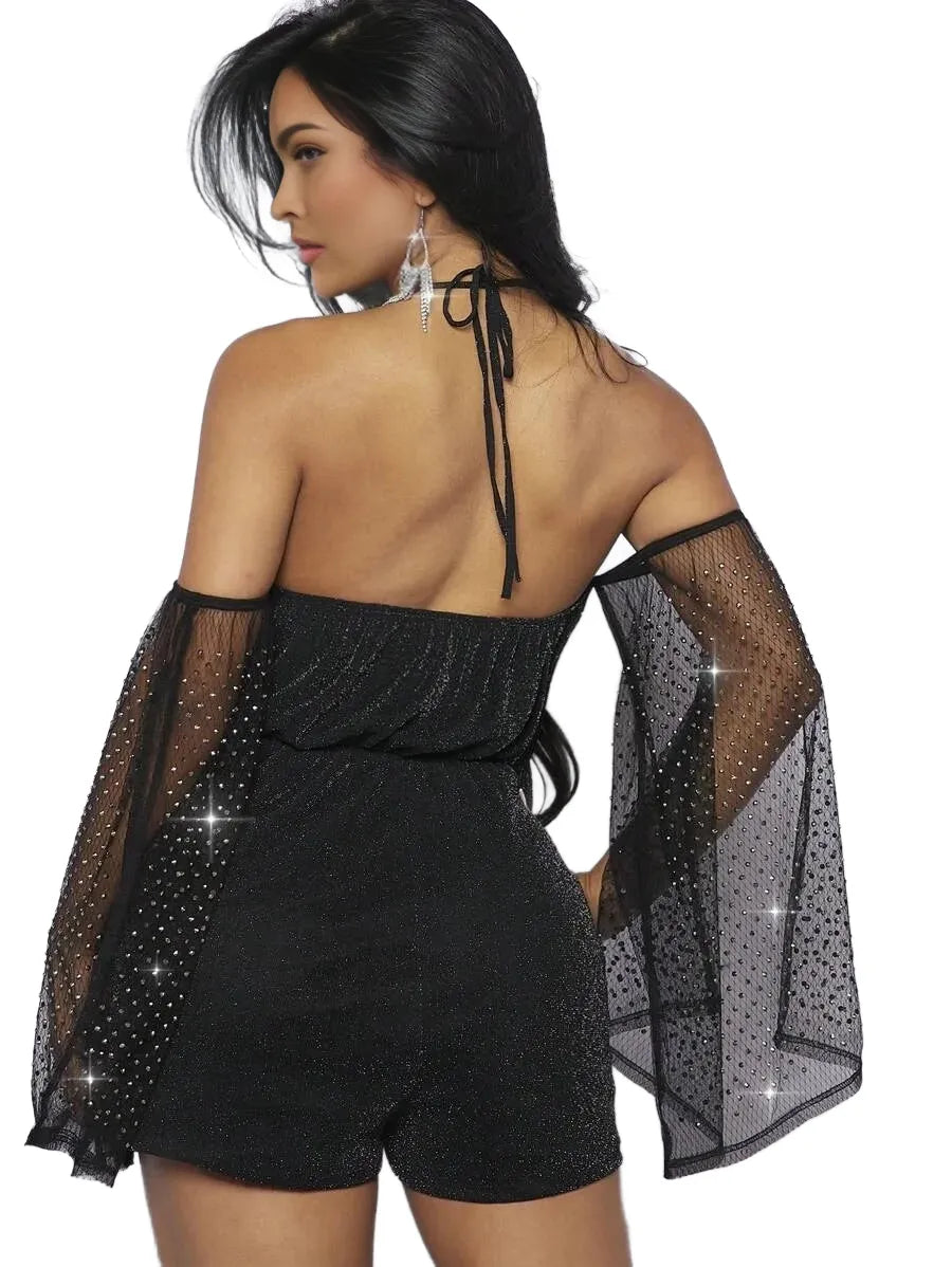 Rhinestone Mesh Sleeve Glitter Romper