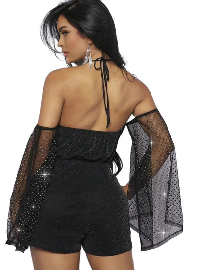 Rhinestone Mesh Sleeve Glitter Romper