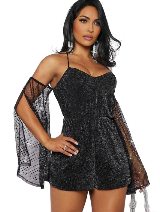 Rhinestone Mesh Sleeve Glitter Romper