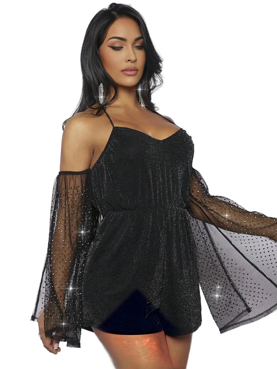 Rhinestone Mesh Sleeve Glitter Romper