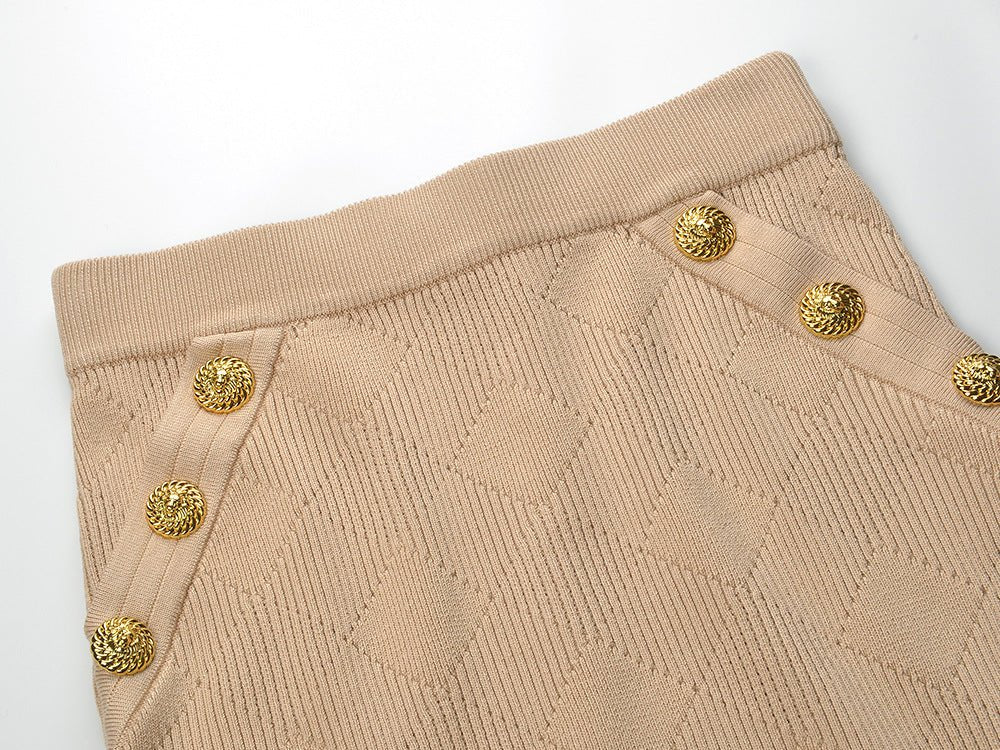 Ribbed Knit Two - Piece Set with Gold Button Accents - White