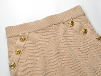 Ribbed Knit Two - Piece Set with Gold Button Accents - White