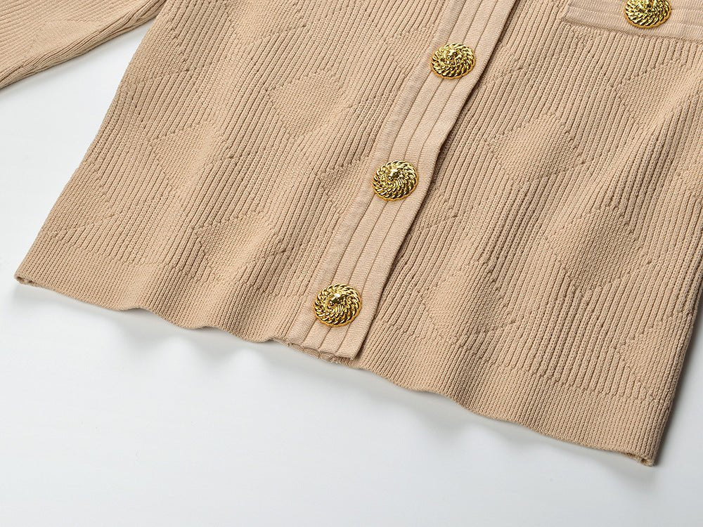 Ribbed Knit Two - Piece Set with Gold Button Accents - White