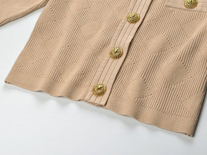 Ribbed Knit Two - Piece Set with Gold Button Accents - White