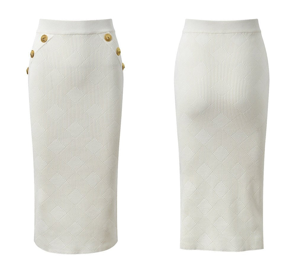 Ribbed Knit Two - Piece Set with Gold Button Accents - White