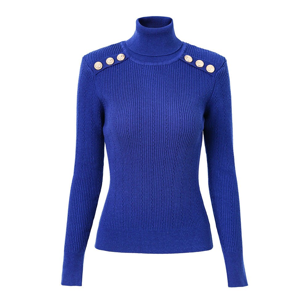 Ribbed Texture Sweater with Shoulder Buttons - Blue