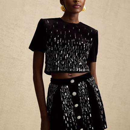 Riccarda Black Velvet Sequin Crystal Embellished Skirt Top Set