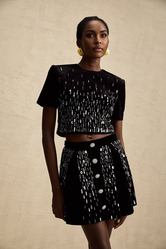 Riccarda Black Velvet Sequin Crystal Embellished Skirt Top Set