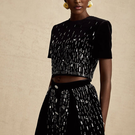 Riccarda Black Velvet Sequin Crystal Embellished Skirt Top Set