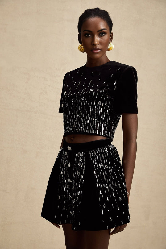 Riccarda Black Velvet Sequin Crystal Embellished Skirt Top Set