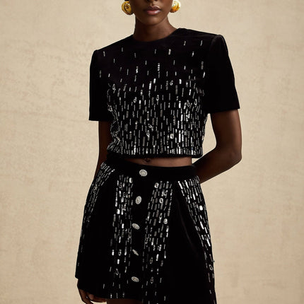 Riccarda Black Velvet Sequin Crystal Skirt Top Set