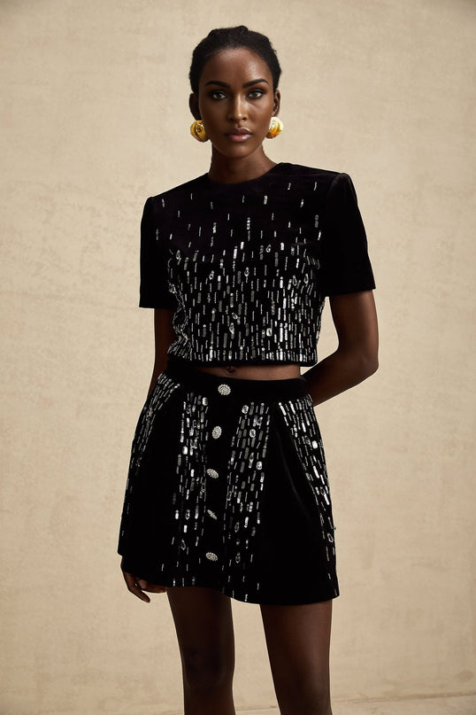 Riccarda Black Velvet Sequin Crystal Skirt Top Set