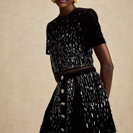 Riccarda Black Velvet Sequin Crystal Skirt Top Set