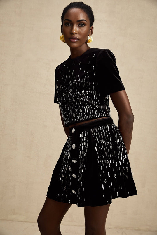 Riccarda Black Velvet Sequin Crystal Skirt Top Set