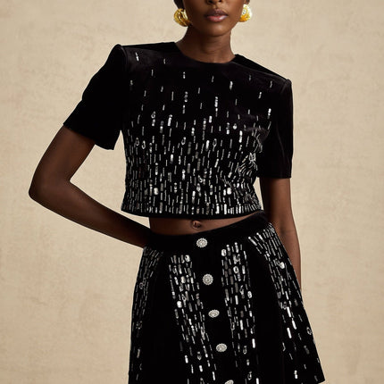 Riccarda Black Velvet Sequin Crystal Skirt Top Set
