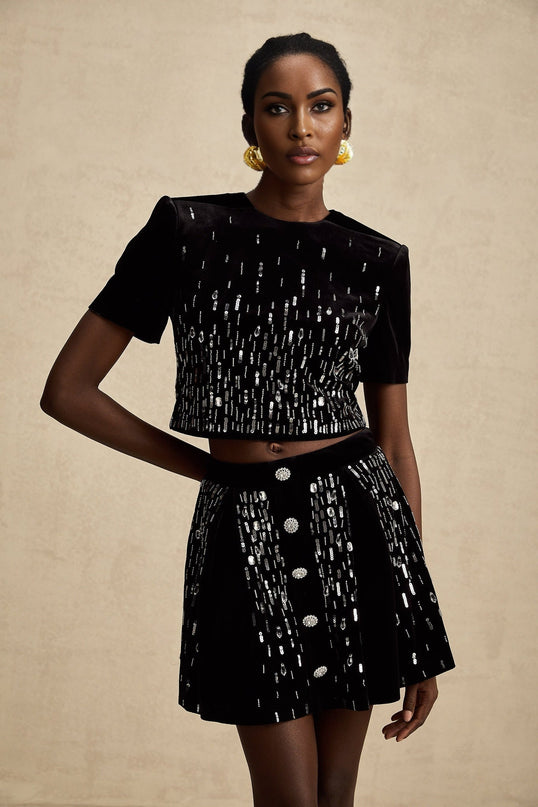 Riccarda Black Velvet Sequin Crystal Skirt Top Set