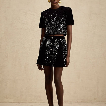 Riccarda Black Velvet Sequin Crystal Skirt Top Set