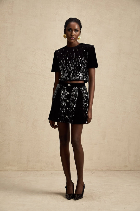 Riccarda Black Velvet Sequin Crystal Skirt Top Set