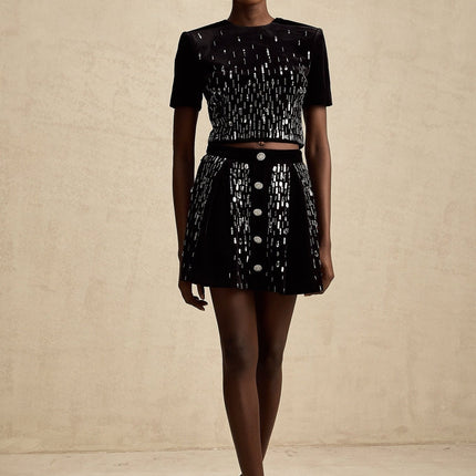 Riccarda Black Velvet Sequin Crystal Skirt Top Set