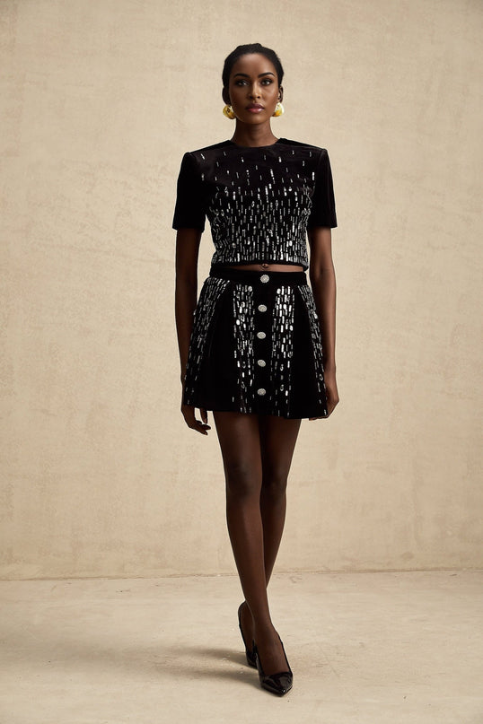 Riccarda Black Velvet Sequin Crystal Skirt Top Set