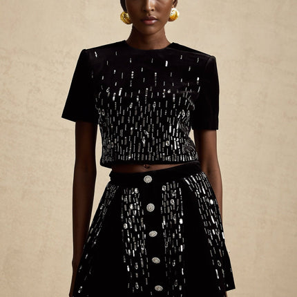 Riccarda Black Velvet Sequin Crystal Skirt Top Set