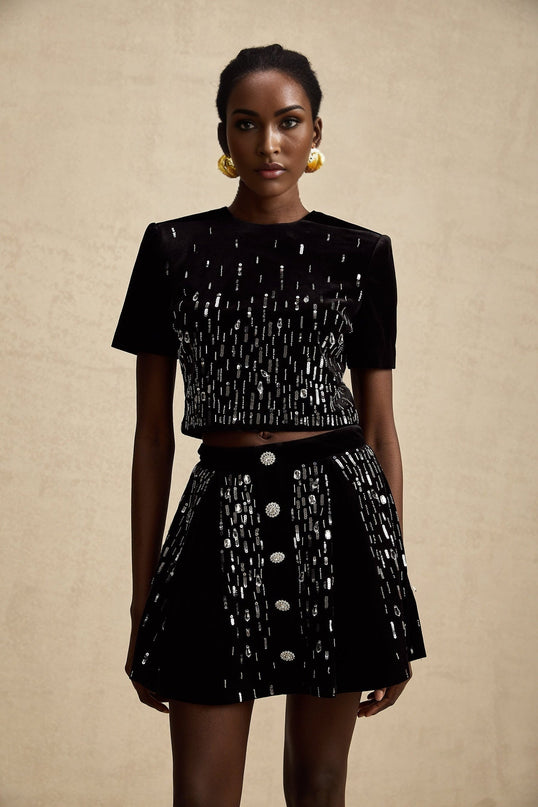 Riccarda Black Velvet Sequin Crystal Skirt Top Set