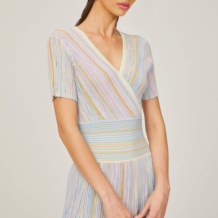 Riccarda Blue Flared Skirt Midi Dress Metallic Threading Pinstripe Pattern