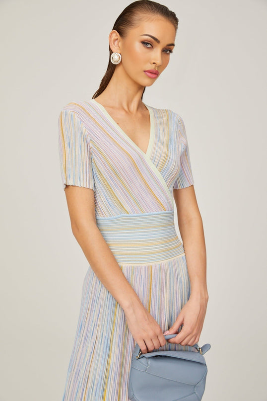Riccarda Blue Flared Skirt Midi Dress Metallic Threading Pinstripe Pattern