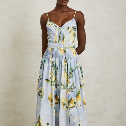 Riccarda Blue Floral Maxi Dress V-neck Sleeveless Adjustable Straps Pleated Detailing Belted Loops Waist Floral Print Rear Zip Fastening Terylene Cotton Composition Elegant Ensemble