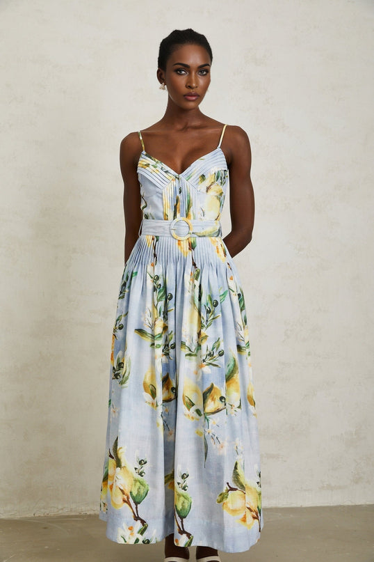 Riccarda Blue Floral Maxi Dress V-neck Sleeveless Adjustable Straps Pleated Detailing Belted Loops Waist Floral Print Rear Zip Fastening Terylene Cotton Composition Elegant Ensemble