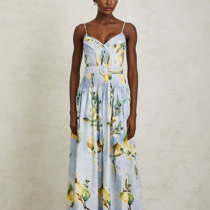 Riccarda Blue Floral Maxi Dress V-Neck Sleeveless Adjustable Straps Pleated Detailing Belted Loops Waist Floral Print Rear Zip Fastening Maxi Length Terylene Cotton Composition