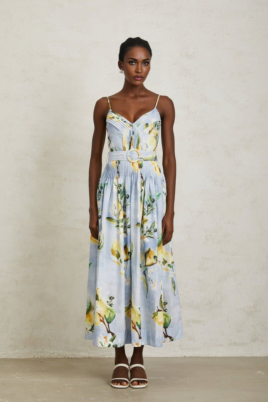 Riccarda Blue Floral Maxi Dress V-Neck Sleeveless Adjustable Straps Pleated Detailing Belted Loops Waist Floral Print Rear Zip Fastening Maxi Length Terylene Cotton Composition