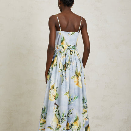 Riccarda Blue Floral Maxi Dress V-Neck Sleeveless Adjustable Straps Pleated Detailing Belted Loops Captivating Print Rear Zip Fastening Tailored Silhouette