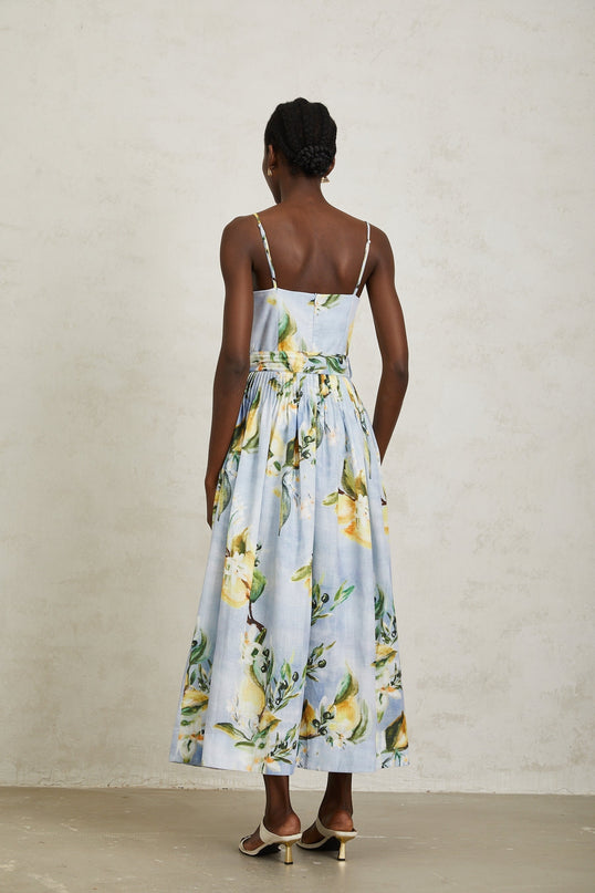 Riccarda Blue Floral Maxi Dress V-Neck Sleeveless Adjustable Straps Pleated Detailing Belted Loops Captivating Print Rear Zip Fastening Tailored Silhouette